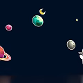 Happy Cartoon Astronaut With Red Flag Exploring Space With Colorful Planets Moon Stars