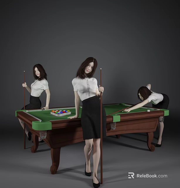 Women Playing Billiards at Pool Table Holding Cue Sticks Bending Over with Colorful Balls 3d model 