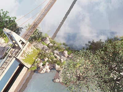 Scenic Landscape View Of Suspension Bridge Over Water With Trees Rocks And Clouds In Sky 3d model