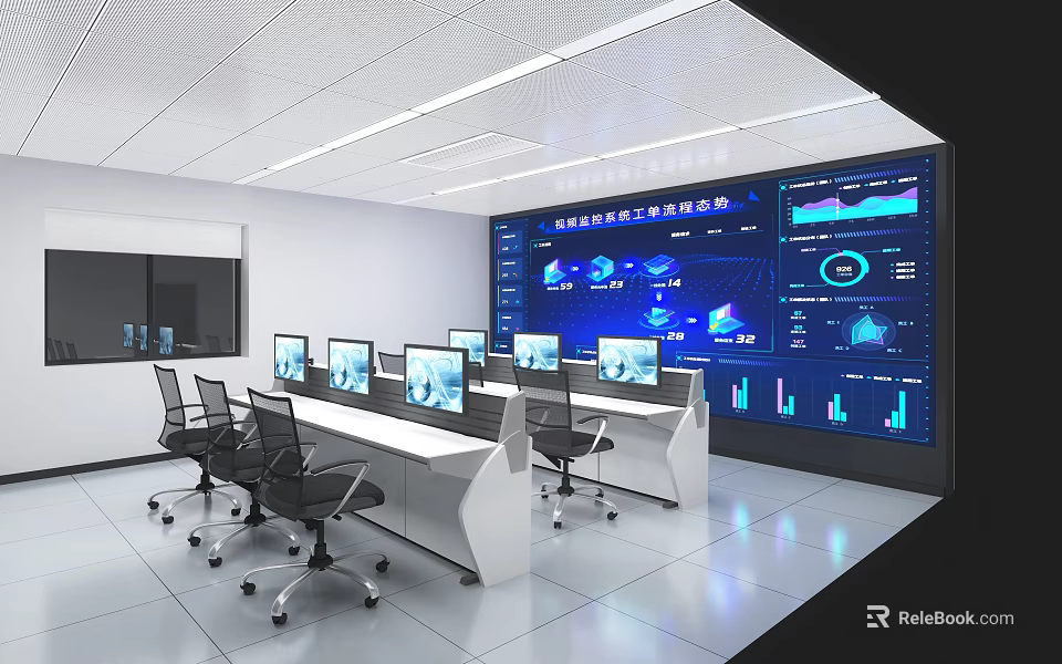 Modern Control Room With Large Digital Screen Multiple Monitors Data Charts And Workstations 3d model 