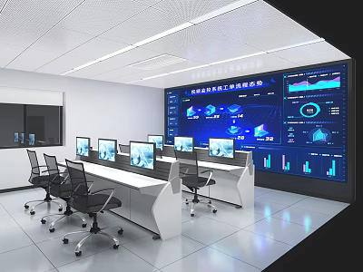 Modern Control Room With Large Digital Screen Multiple Monitors Data Charts And Workstations 3d model
