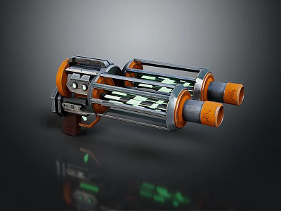 Sci-Fi Weapon with Dual Orange Barrels Metallic Structure and Green Glowing Elements 3d model
