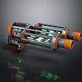 Sci-Fi Weapon with Dual Orange Barrels Metallic Structure and Green Glowing Elements