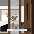 Modern Entryway Hallway Interior Design With Wooden Partition Vertical Blinds Green Plant And Marble Countertop