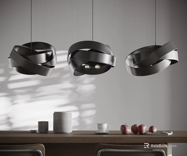 Black Twisted Pendant Lights Above Wooden Dining Table With White Cup And Apples 3d model 