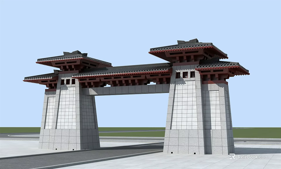 Ancient Chinese Archway With Double Eaved Roof And Gray Stone Walls 3d model 
