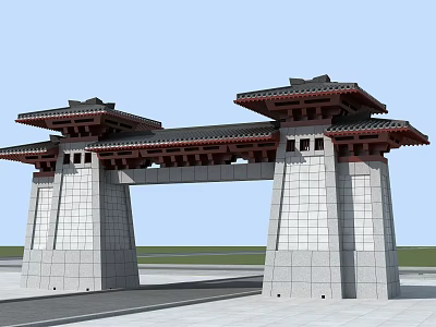 Ancient Chinese Archway With Double Eaved Roof And Gray Stone Walls 3d model
