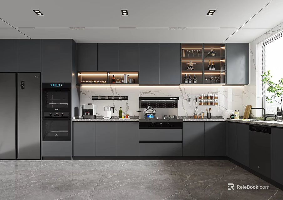 Modern Kitchen With Gray Cabinets Stainless Steel Appliances And Marble Countertop Built in Design Layout 3d model 