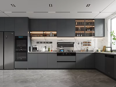 Modern Kitchen With Gray Cabinets Stainless Steel Appliances And Marble Countertop Built in Design Layout 3d model