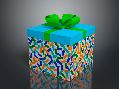 Colorful Patterned Gift Box With Blue Lid And Green Bow For Daily Use 3d model