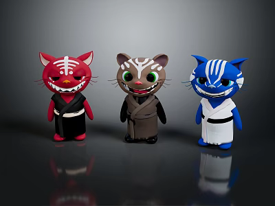 Cute Cat Dolls With Red Brown Blue Traditional Costumes And Stylish Designs 3d model