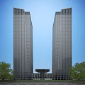 Two Tall Modern Office Buildings With Glass Curtain Walls And Trees Under Sunlight
