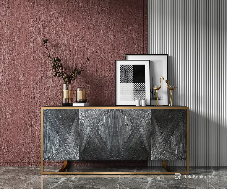 Entryway Console Cabinet With Gray Geometric Pattern Gold Frame And Decorative Items On Red Wall 3d model 