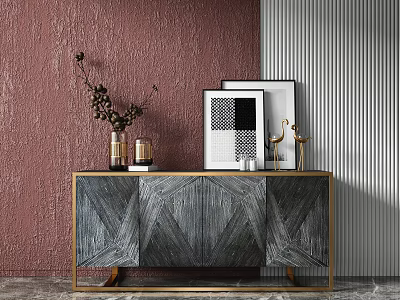 Entryway Console Cabinet With Gray Geometric Pattern Gold Frame And Decorative Items On Red Wall 3d model
