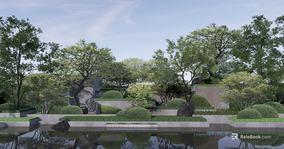 Rockery Stones In Serene Garden Landscape With Trees Greenery And Water Reflection 3d model 