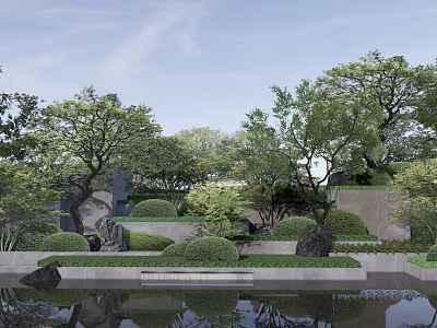 Rockery Stones In Serene Garden Landscape With Trees Greenery And Water Reflection 3d model
