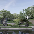 Rockery Stones In Serene Garden Landscape With Trees Greenery And Water Reflection