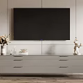Modern Light Gray TV Stand With Drawers And Decorative Items Against Vertical Striped Wall