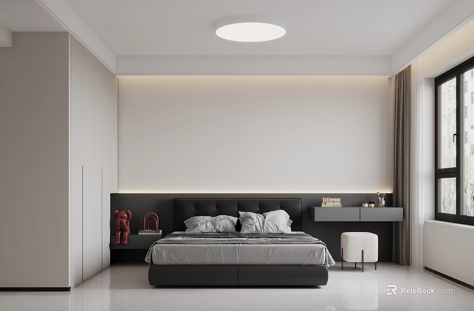 Modern Bedroom Interior Design With White Walls Round Ceiling Light Black Headboard And Gray Bedding 3d model 
