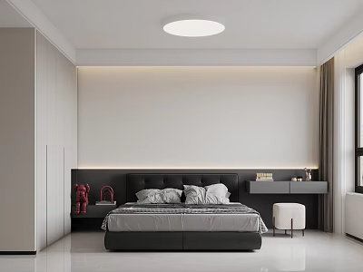 Modern Bedroom Interior Design With White Walls Round Ceiling Light Black Headboard And Gray Bedding 3d model