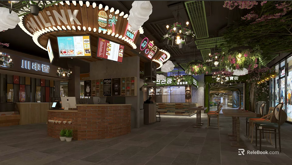 Food court dining area with LINK signage chandeliers green plants and brick counter 3d model 