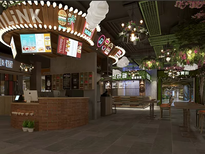 Food court dining area with LINK signage chandeliers green plants and brick counter 3d model