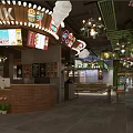 Food court dining area with LINK signage chandeliers green plants and brick counter