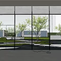 Garden Landscape View Through Glass Walls With Trees Pond And Flying Birds