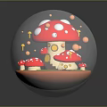 Whimsical Mushroom House Furniture Inside Transparent Sphere With Red White Spots Mushrooms And Green Grass