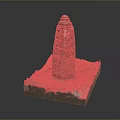 Ancient Bronze Artifact Tower Shaped With Intricate Carving On Square Base Soil And Small Plants