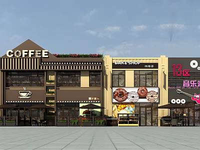 Vibrant Commercial Street with Coffee Shop Bakery Music Zone Outdoor Seating and Storefronts 3d model