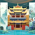 Traditional Chinese Palace Architectural Design With Yellow Roof Red Pillars Landscape Screens And Water