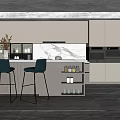 Modern Kitchen With White Cabinets Island Blue Bar Stools And Marble Backsplash 3d model
