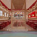 Traditional Chinese Restaurant Interior With Red Decor Wooden Elements And Food Display Screens