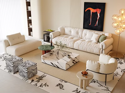 Modern Sofa and Coffee Table Combination With Soft Cushions Marble Surface Rug and Wall Art 3d model