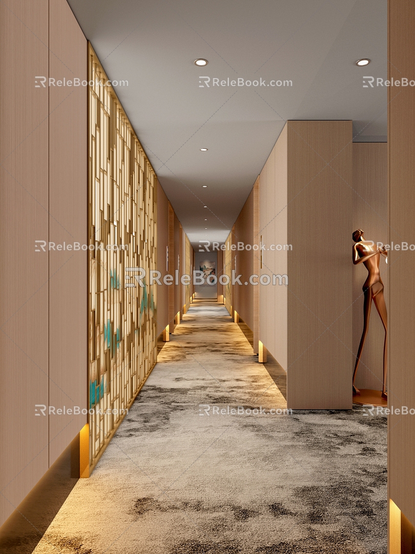 Hotel Away Corridor Carpet Modern Minimalist Japanese Style Elevator Modern Light Luxury Wood Finish Light Box Theme Hotel Elevator Corridor 3d model