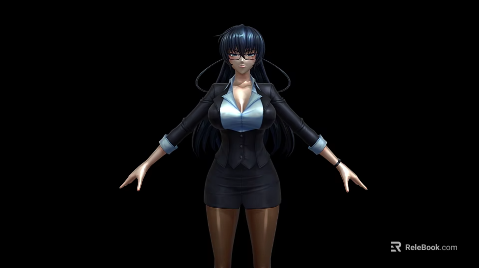 Professional Woman in Black Suit White Blouse Standing with Arms Outstretched and Long Dark Hair 3d model 