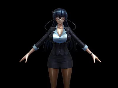 Professional Woman in Black Suit White Blouse Standing with Arms Outstretched and Long Dark Hair 3d model