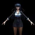 Professional Woman in Black Suit White Blouse Standing with Arms Outstretched and Long Dark Hair