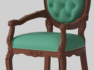 Classic Dining Chair With Brown Wooden Frame Green Tufted Seat And Carved Armrests 3d model