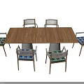 Elegant Wooden Dining Table Set With Concrete Pedestal And Chairs With Green Blue Upholstered Seats