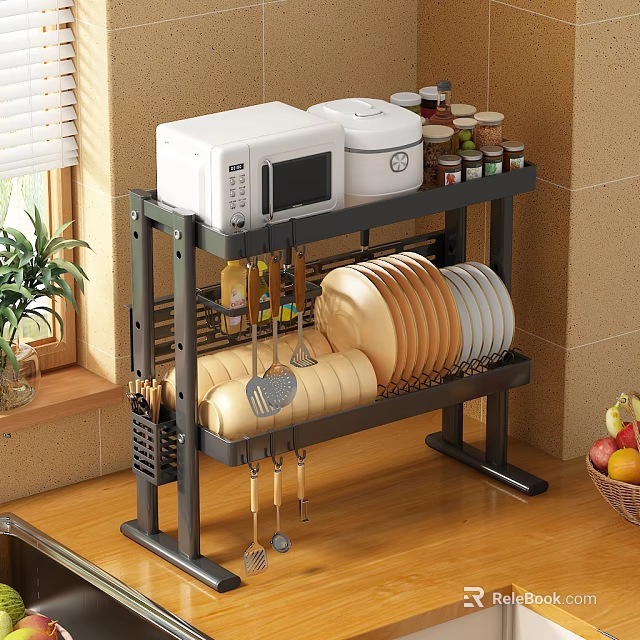 Practical Kitchen Shelf With Microwave Rice Cooker Spice Jars Plates And Spatulas 3d model 
