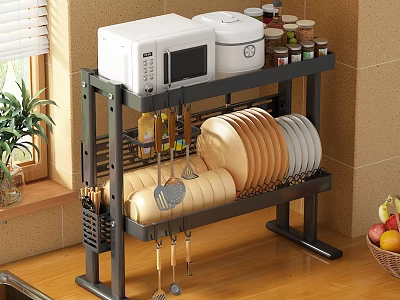 Practical Kitchen Shelf With Microwave Rice Cooker Spice Jars Plates And Spatulas 3d model