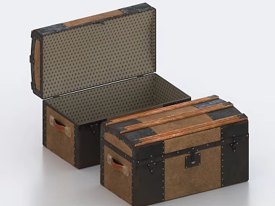 Vintage Wooden Trunks with Metal Rivets Open Closed Perforated Lining Design 3d model