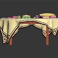 Traditional Chinese Food on Round Table with Decorative Tablecloth Colorful Dishes and Central Fortune Character