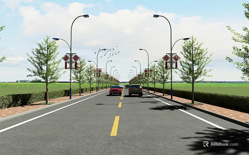 Road Infrastructure With Wide Road Street Lamps Green Trees Traffic Lanes And Moving Vehicles 3d model 