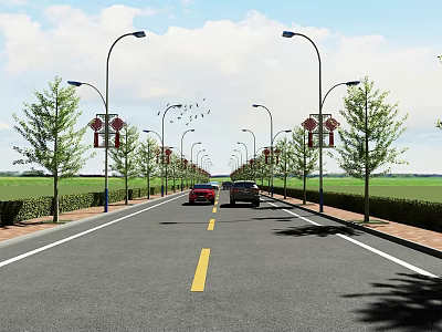 Road Infrastructure With Wide Road Street Lamps Green Trees Traffic Lanes And Moving Vehicles 3d model