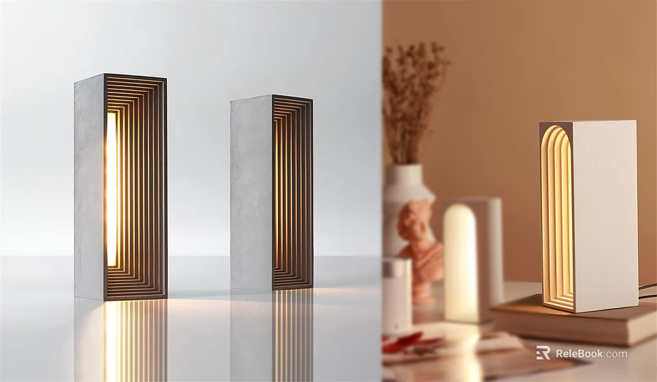 Modern Geometric Decorative Lamps Featuring Wooden Stripes Concrete Base Warm Light Vase And Sculpture 3d model 
