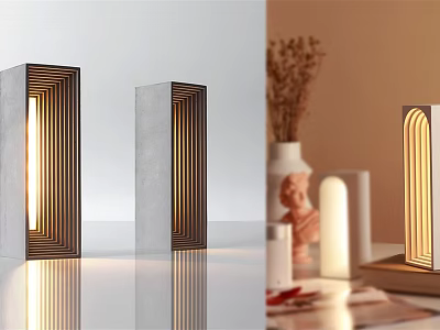 Modern Geometric Decorative Lamps Featuring Wooden Stripes Concrete Base Warm Light Vase And Sculpture 3d model