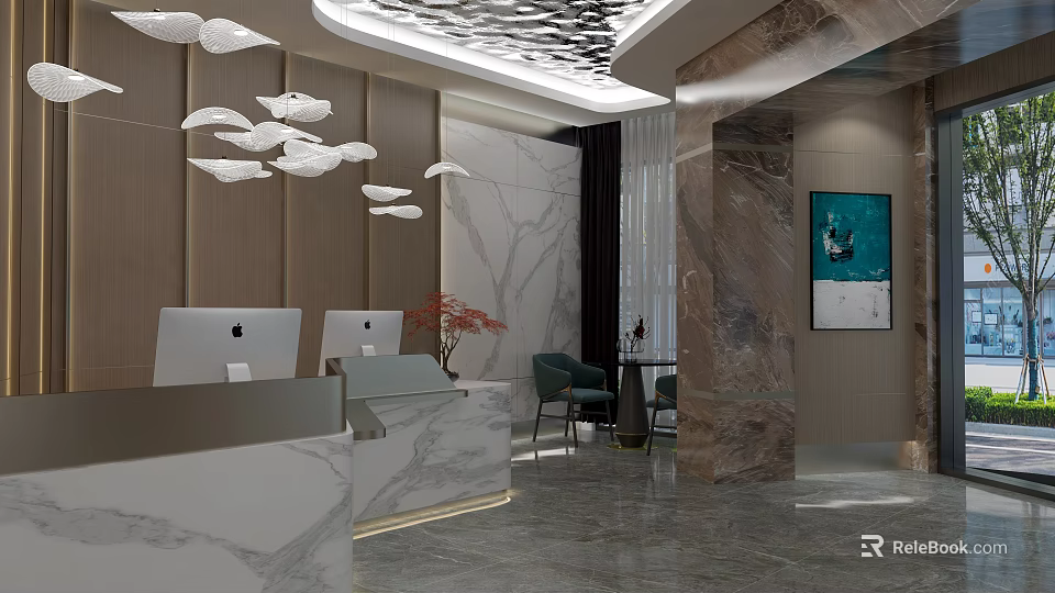 Modern Hotel Lobby Interior With Marble Reception Desk Decorative Ceiling Green Plants And Wall Art 3d model 